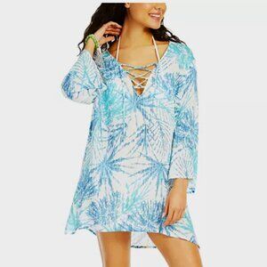 J Valdi Size L Swim Cover Up Printed Lace-Up Tunic